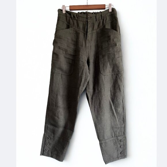 Wrap London 100% Linen Tapered Trousers Olive Green Utility Style Size 8 - Picture 2 of 10